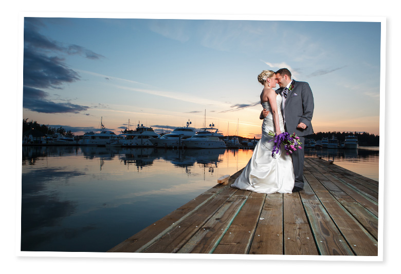 sunset wedding pictures at roche harbor with boats in background