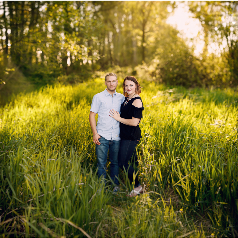 brenizer effect sunset in woods laughing couple hovander engagement session  