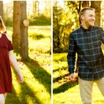 sunset in woods tall trees couple hovander engagement session