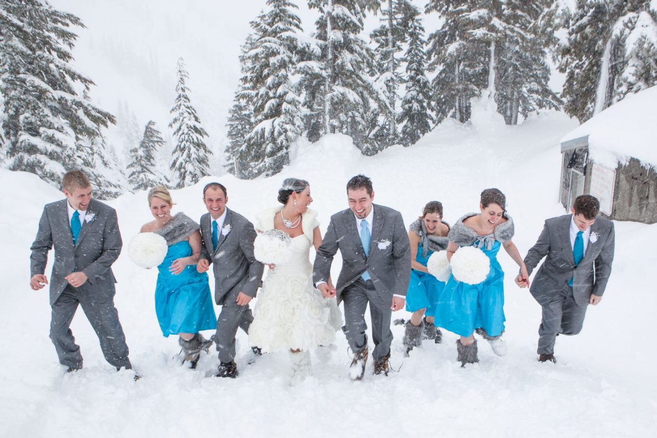 winter-wedding-snow-wedding-party-blue-bridesmaids-dresses